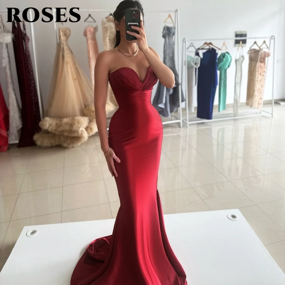 

ROSES Bright Red Elegant Prom Dress Sweetheart Sleeveless Formal Gown for Woman Satin Side Slits Mermaid Evening Dresses 프롬 드레스