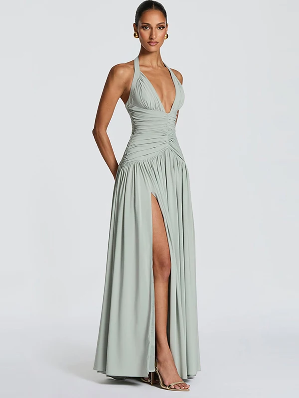 Sibybo Mouwloze Diepe V-hals Elegante Maxi Jurk Vrouwen Jurken Zomer Halter Backless Side Split Ruches Avond Jurken Gewaad
