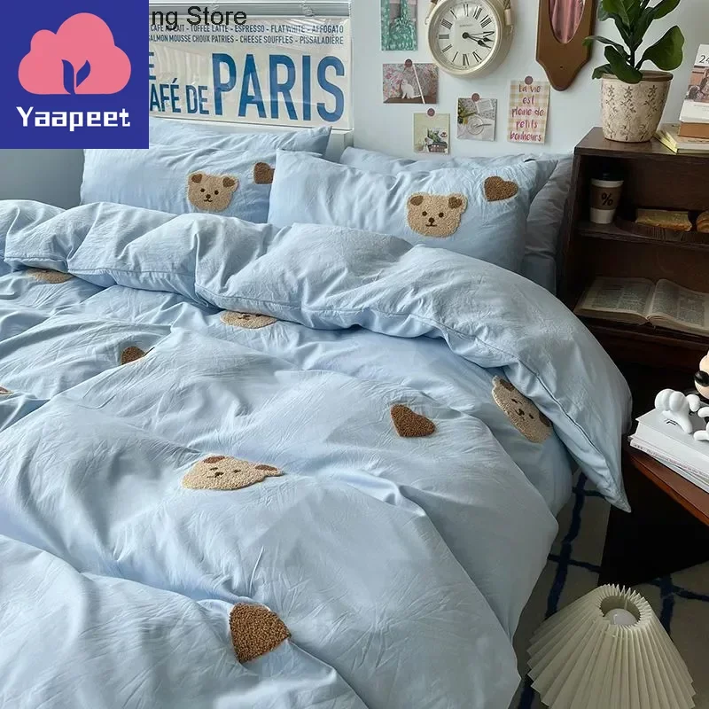 Solid Blue Bear Bedding Set Duvet Cover Queen Full Twin Size Bed Flat Sheet Kids Girls Room Decor Quilt Cover Pillowcase Kawaii