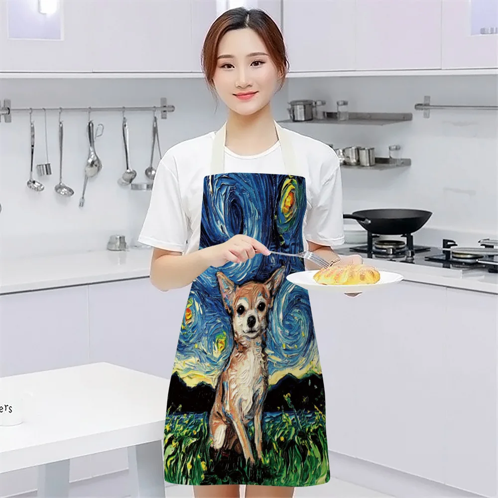 Oil Painting Style Apron Starry Sky Background Dog Creative Cotton Linen Parent-child Apron Kitchen Household