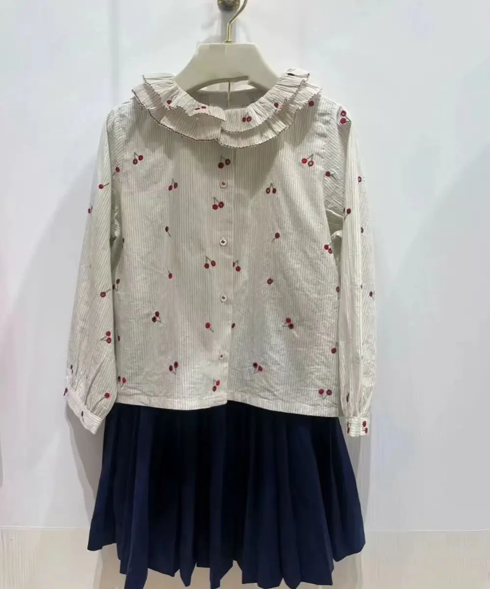 spring kids girls clothes baby tops cute shirts Fully cherry patterns embroidered Lotus leaf collar Long sleeve blouse