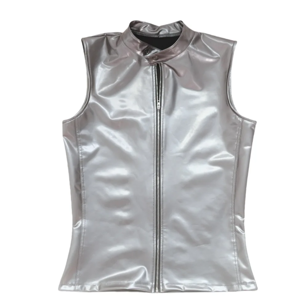 Men Sexy PU Leather Vest Fashion Shirt Night Show Stage Sleeveless Casual Stylish