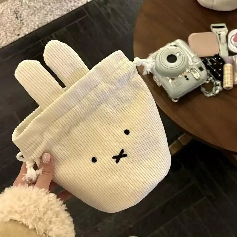 Cartoon Miffy Corduroy Bundle Pocket Portable Large Capacity Makeup Storage Bag Drawstring Handbag for Friends' Birthday Gifts