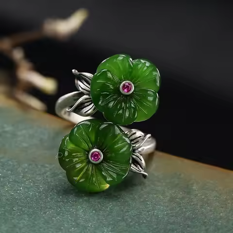 New Silver Original Inlaid Natural Hetian Jade Double-headed Plum Blossom Retro Chinese Style Open Adjustable Women's Ring