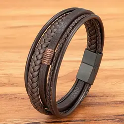 XQNI Luxury Fashion Hand-Woven Leather Bracelet Multilayer Men's Bangles Stainless Steel Magnetic Buckle Party Jewelry Gift