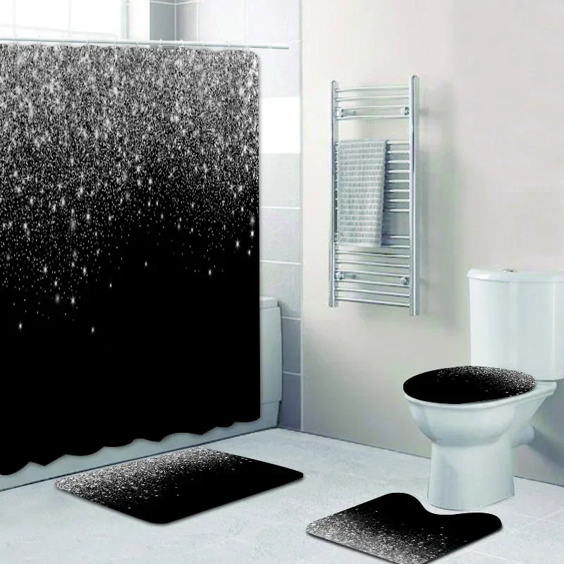 Stylish Black Silver Falling Glitter Confetti Dust Explosion Bathroom Curtains Shower Curtain Set Grey Sparkling Bath Rugs Decor