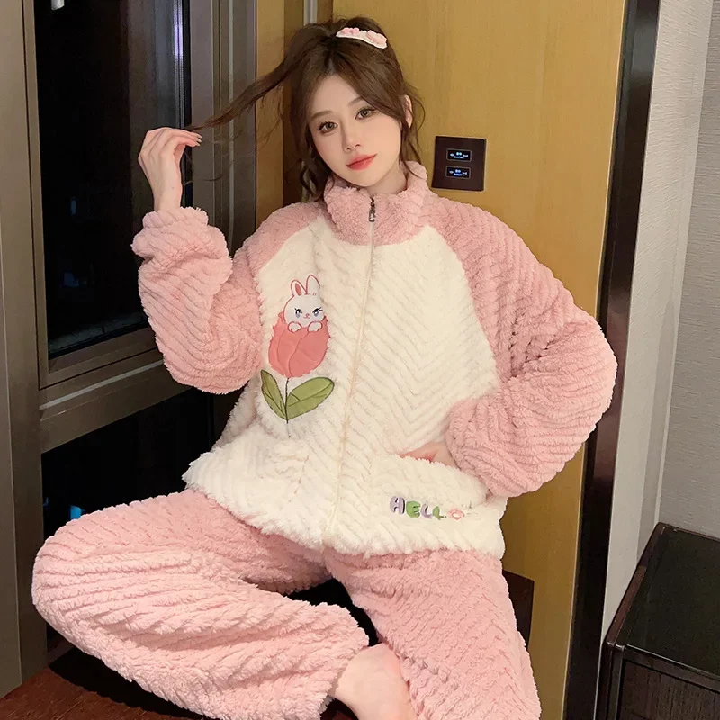 5XL Large Size Coral Fleece Pajamas Women Winter Thickened Warm Zip-up Homewear Sweet Soft Cozy Flannel Sleepwear Two-piece Set