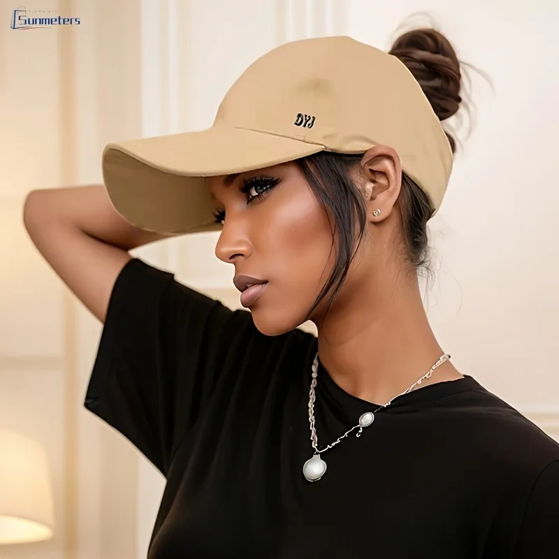 Ladies Ponytail Sun Cap Open Top Wide Brim Baseball Hat DYJ Embroidered Letter Lightweight Breathable Beach Outdoor Sports Hat