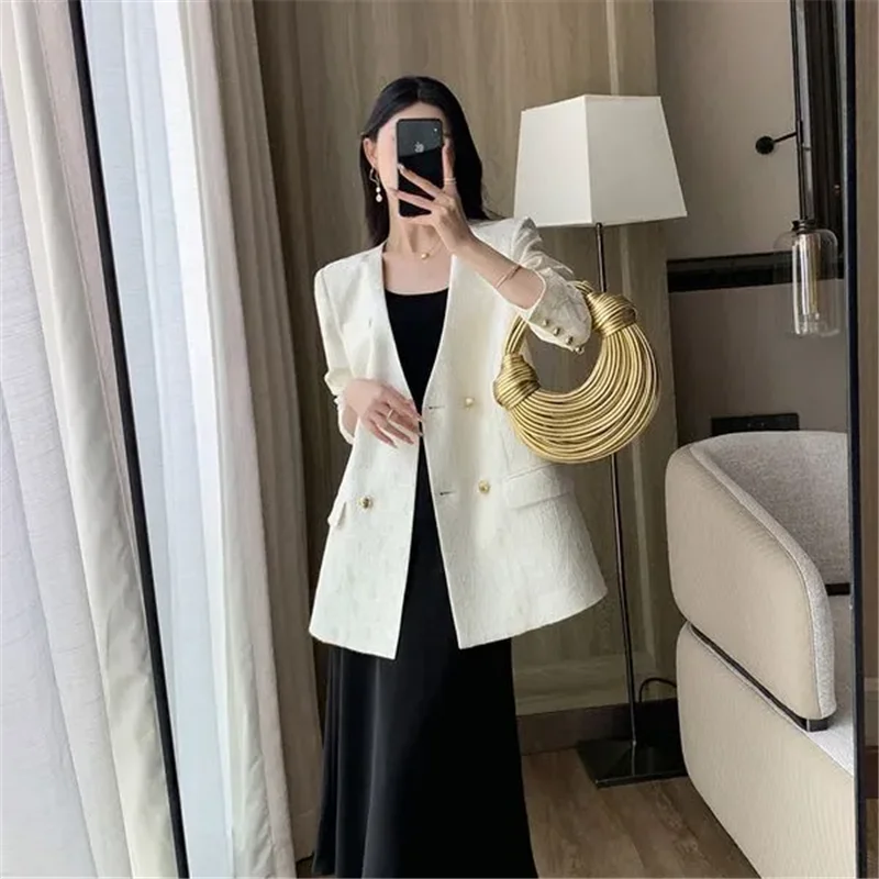 2025 New Women's Suit Jacket Fashion Loose Temperament Coat Texture Sense Pure Colour Button Sense Of Design Blazer Female