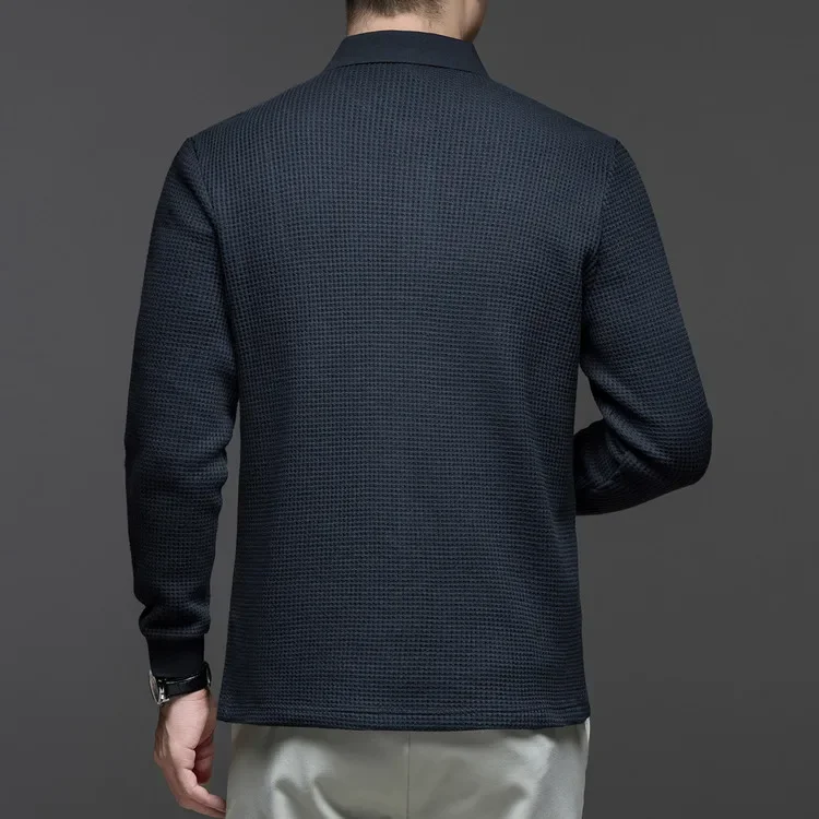 Langarm-Poloshirt aus Waffelstrick – Weiche Baumwollmischung, Slim Fit, Lässiges Business-Oberteil für Herbst und Winter, Mehrfarbig – Detail 10