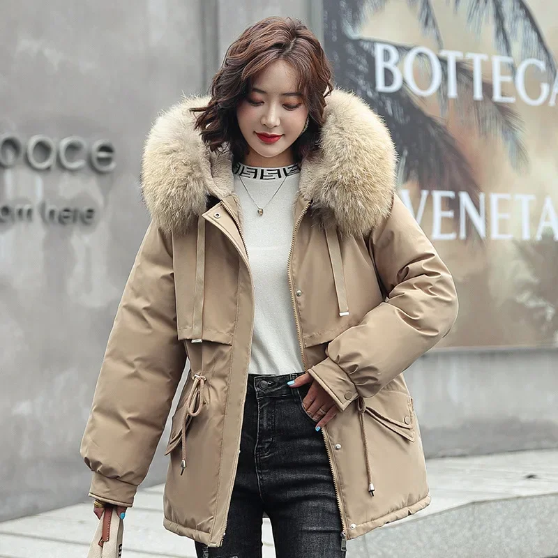 2025 Women Winter Jacket Coat Parkas Winter Clothes Fur Lining Hooded Mid Long Thicke Warm Cotton Padded Jacket Female Outwear