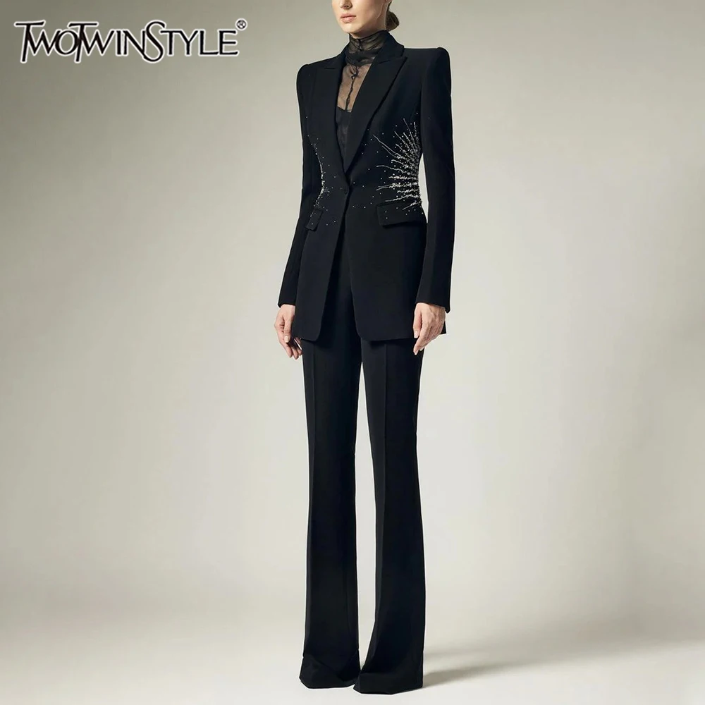 TWOTWINSTYLE Temperament Two Piece Set For Women Notched Collar Long Sleeve Blazer High Waist Full Lengt Pant Formal Sets Female