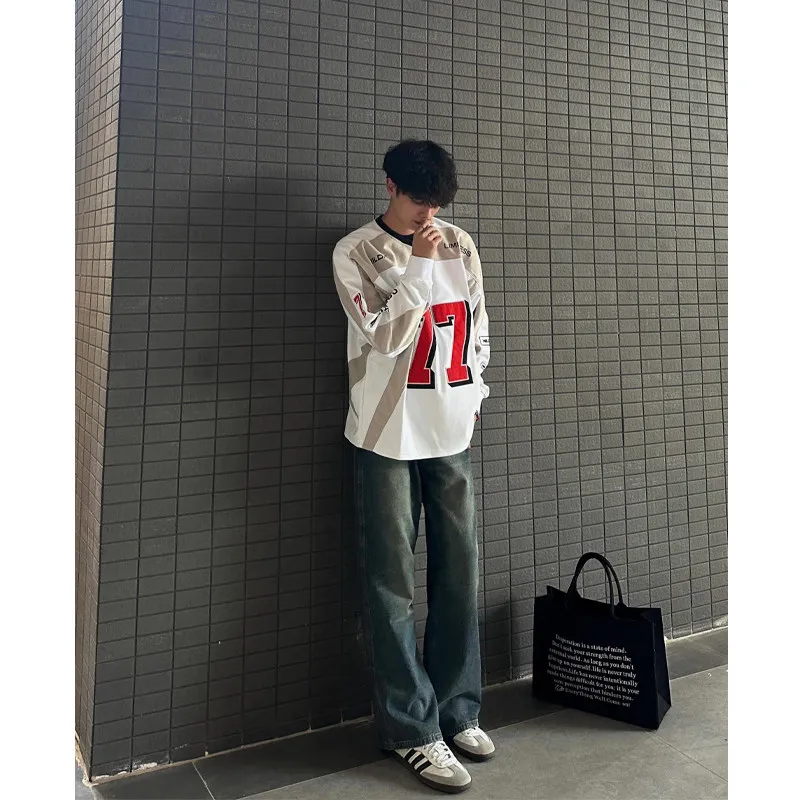 

Retro American Deep Blue Men's Jeans Loose Wide Leg Straight High Street Bell Bot Youth Faion Long Cotton Polyester Blend