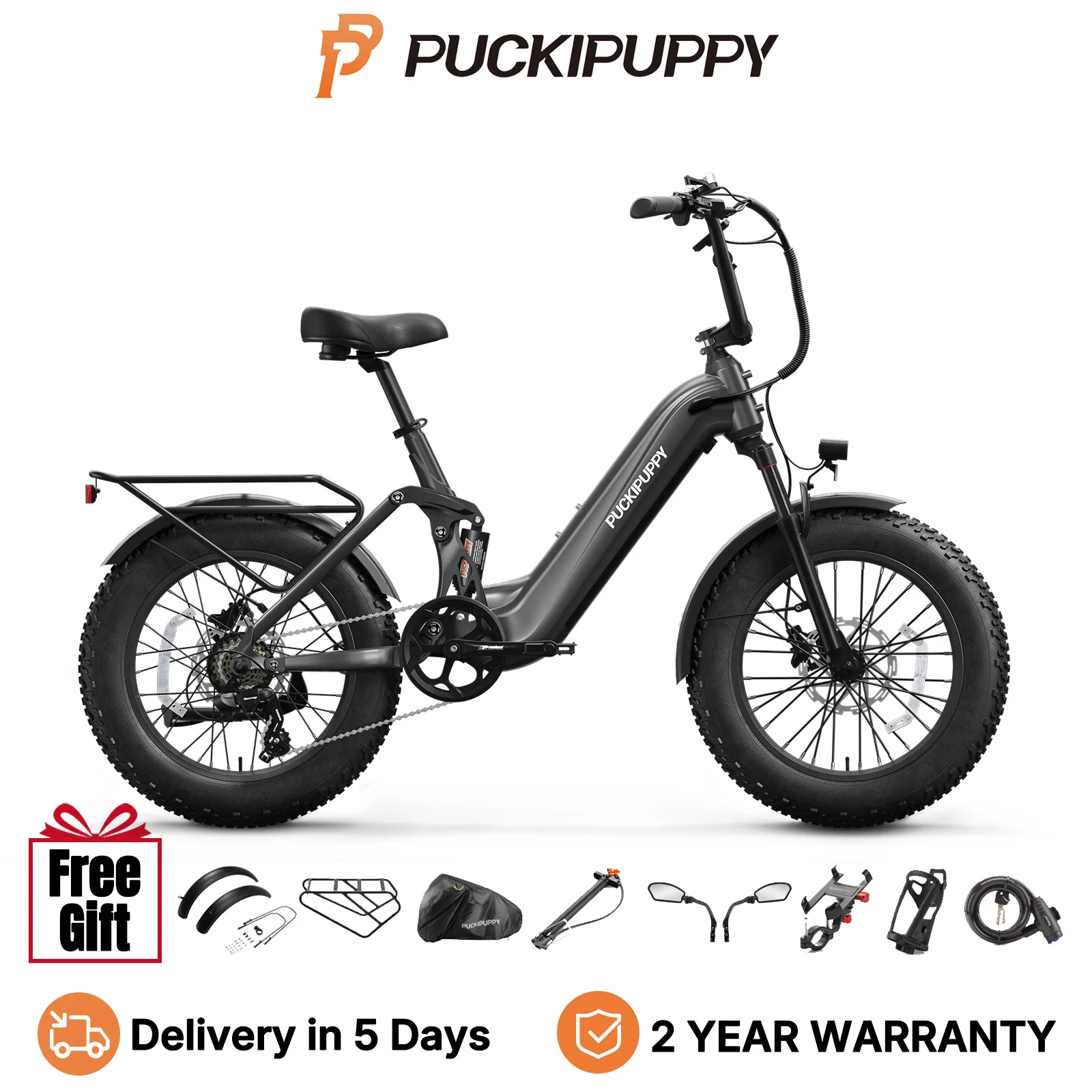 

PUCKIPUPPY Corgi Electric Bike 960W 48V 20Ah Full Suspension Electric Bicycle 20'' Fat Tire 28MPH 80Miles Range Mountain E-bike