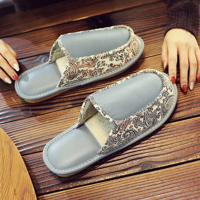 Winter Handmade Genuine Leather Slippers Men Women Cowhide Waterproof Warm Fleece Thick Sole Non Slip Couple House Slippers