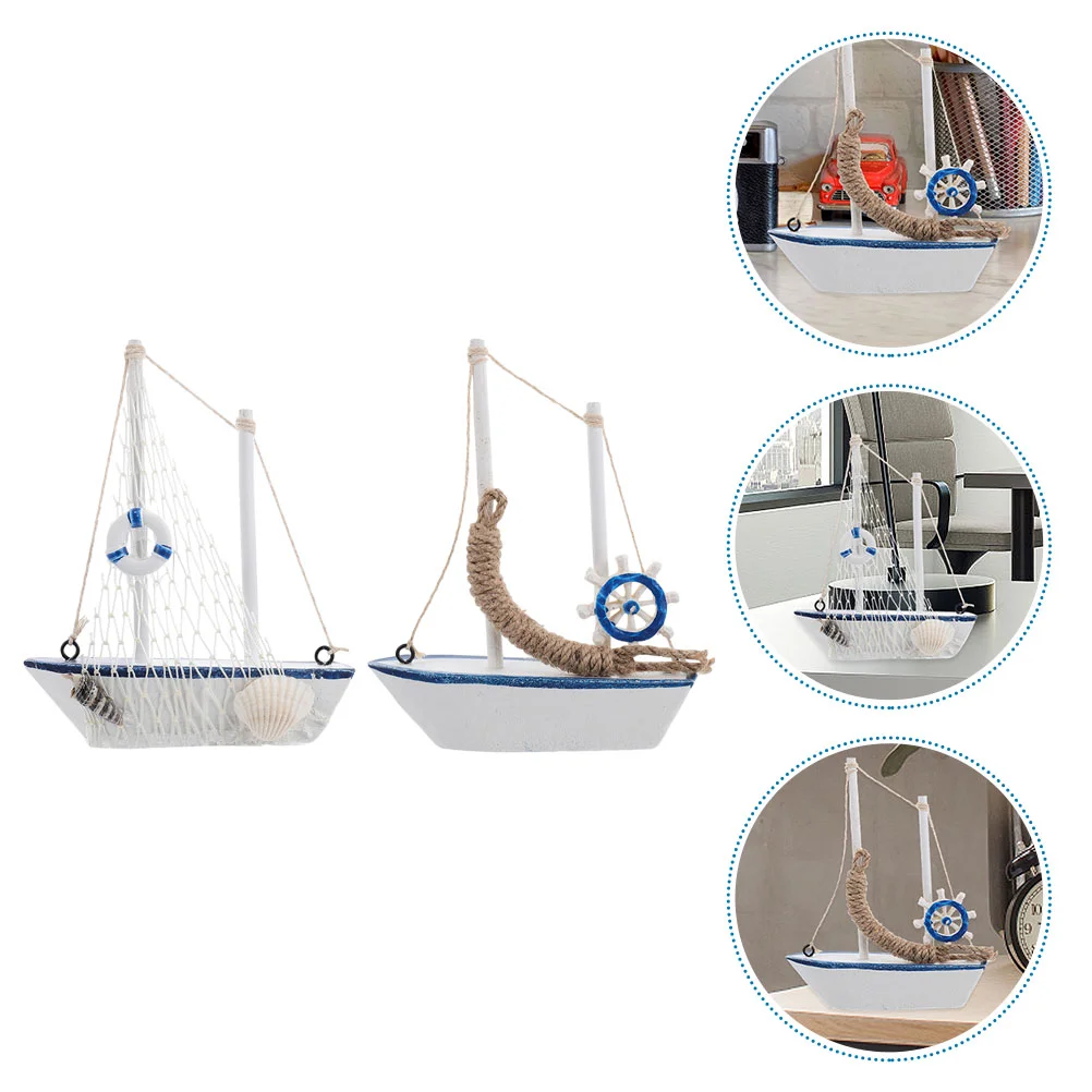 2 Pcs Rustic Home Decor Cruise Decorations Sailing Model Wooden Boat Crafts Decorate Mediterranean Sailboat