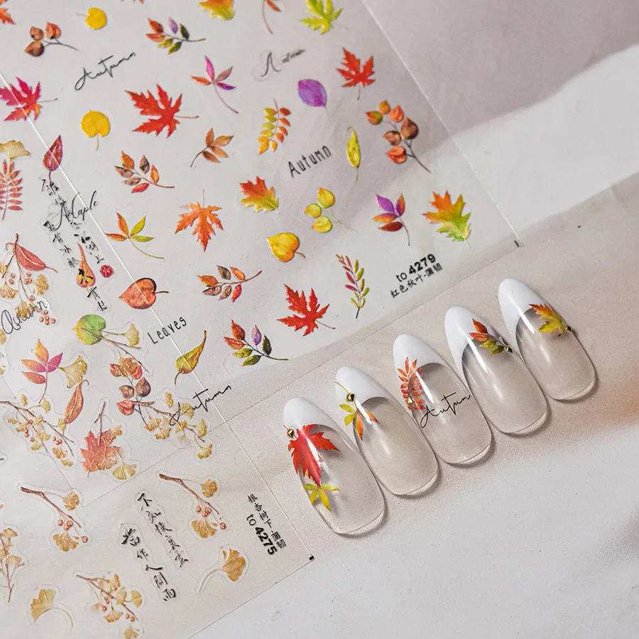 2pcs/Set Autumn Maple Leaves Nail Stickers 3D Nails Decorations Decals 5D Embossed Bronzing Leafs Self Adhesive Nail Art Sticker