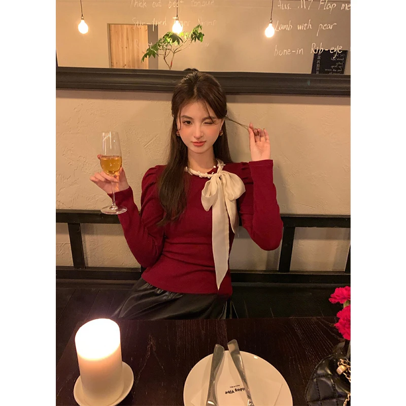 

MEXZT Vintage Red T Shirts Women Elegant Bow Lace Up Black Tops Autumn Winter Ladies Streetwear Korean Long Sleeve Design Tees