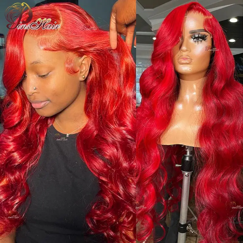 

Bright Red Body Wave Lace Front Human Hair Wigs 13x6 HD Transparent Lace Frontal Wig 99J Color Remy Human Hair Pre Plucked 180%