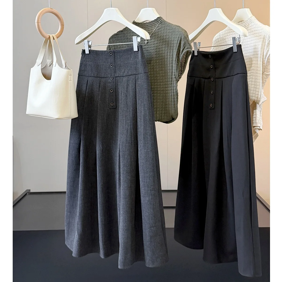 Single-breasted Suit Midi Skirt for Women, New Autumn High-waisted Slimming Mid-length Pleated Skirt Long Skirt