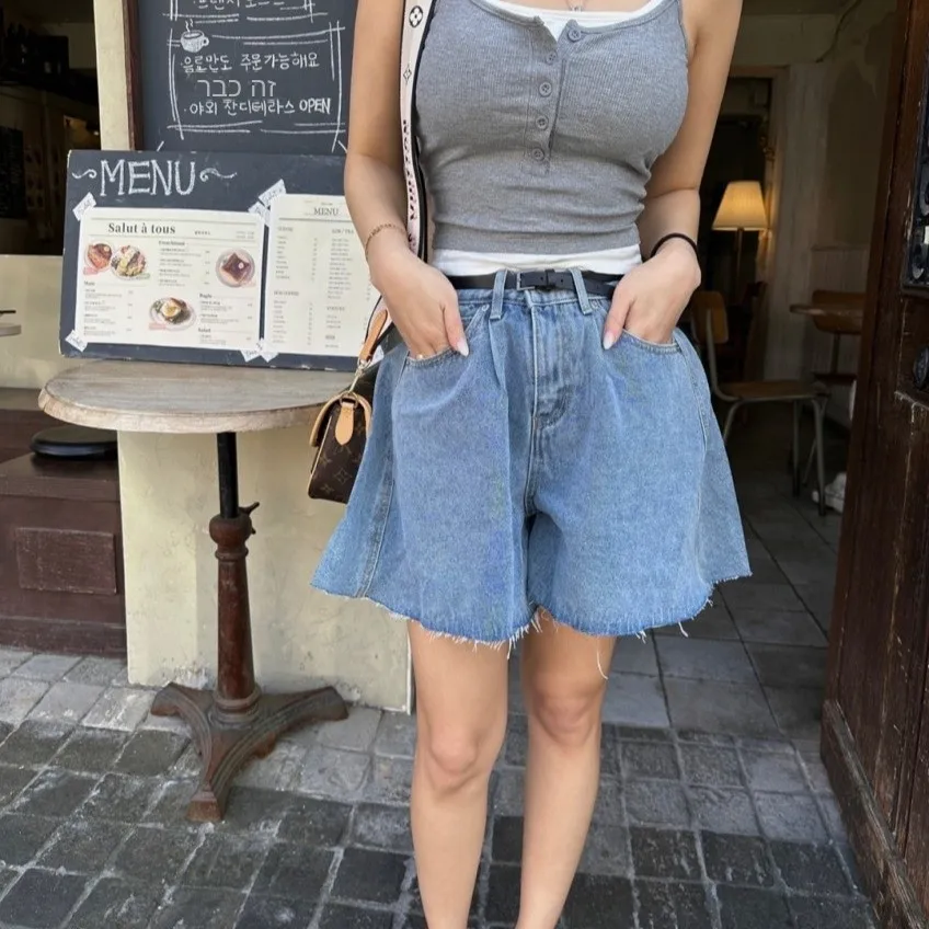High Waist A-Line Denim Shorts Summer 2026 Chic Fashion Korean Style Splicing Frayed Hem Slimming Hot Pants Casual Wear