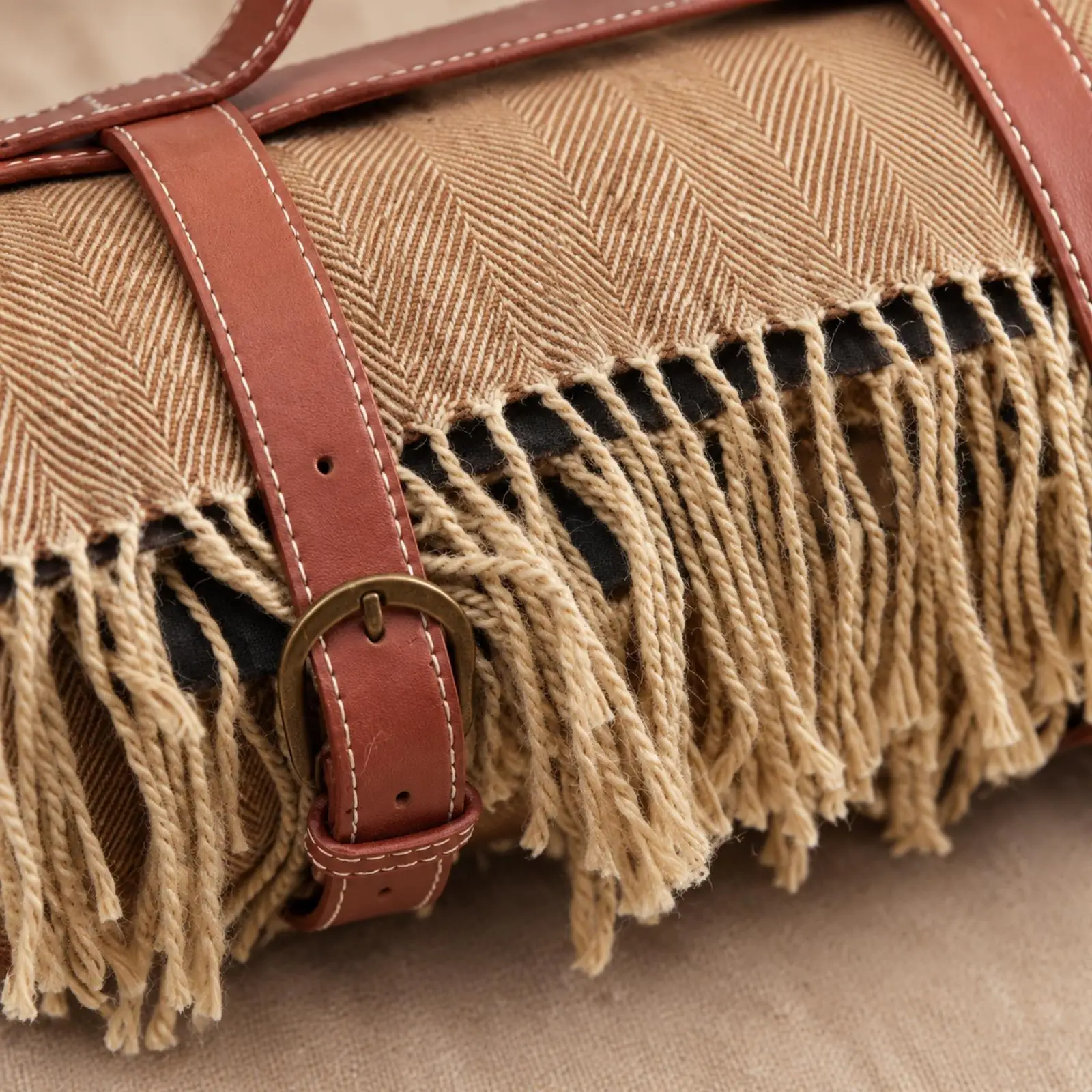 Herringbone Picnic Mat with Leather Strap Roll Up Blanket for Outdoor Sitting Lounging Family Gatherings Travel