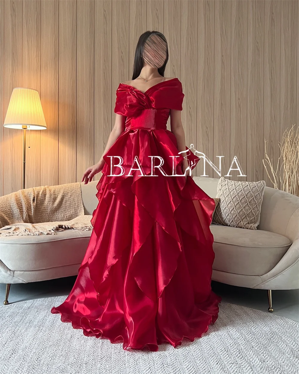 Cathy Wine Red Off the Shoulder Prom Dressess A-line Organza Vestidos De Noche Elegant Empire Waist Sweep Train Graduation Party