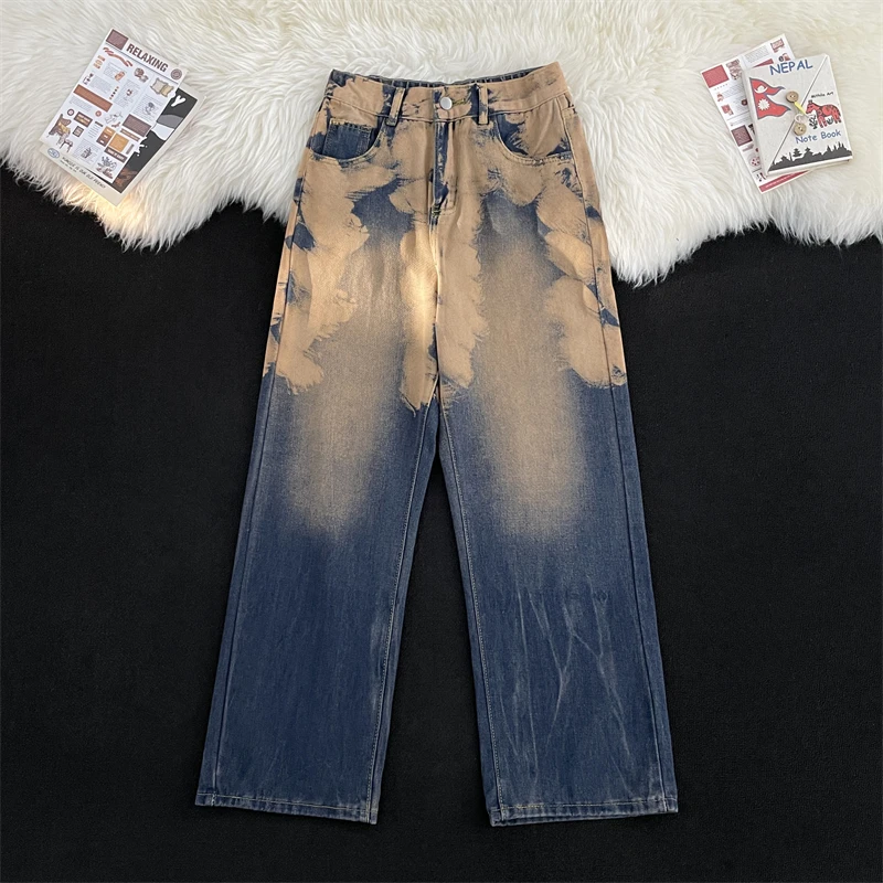 

American Retro Blue Denim Pants for Women Tie Dye Design High Waist Wide Leg Straight Jean Trousers Waist Back Elastic Pants