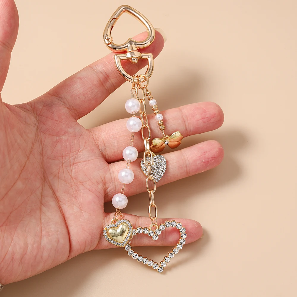 Aihua Goldfarbener Exquisiter Perlen-Kristall-Herz-Schlüsselanhänger, Niedliche Schlüsselanhänger für Frauen und Mädchen, Handtaschenanhänger, Schlüsselketten, DIY-Schmuck – Detail 3