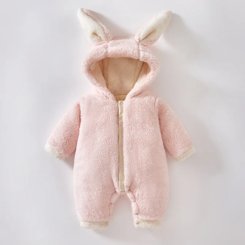 

Fluffy Plush Long Sleeve Baby Pink Rompers Fashion Thicken Warm Winter Todder Clothing Cute Rabbit Ear Hooded