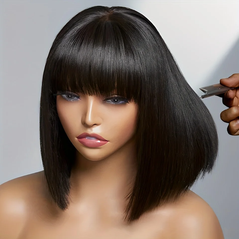 

Short Straight Bob Wigs With Bangs Human Hair Wig Full Machine Made Wigs Natural Color Remy Hair Fringe Wigs