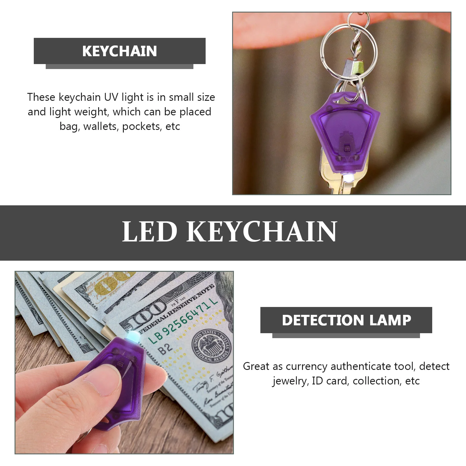 5 Stück LED-Schlüsselanhänger-Taschenlampe, UV-Licht, Schlüsselanhänger, Identifizierungslicht, zuverlässige Fälschungserkennungslampe für den persönlichen Gebrauch