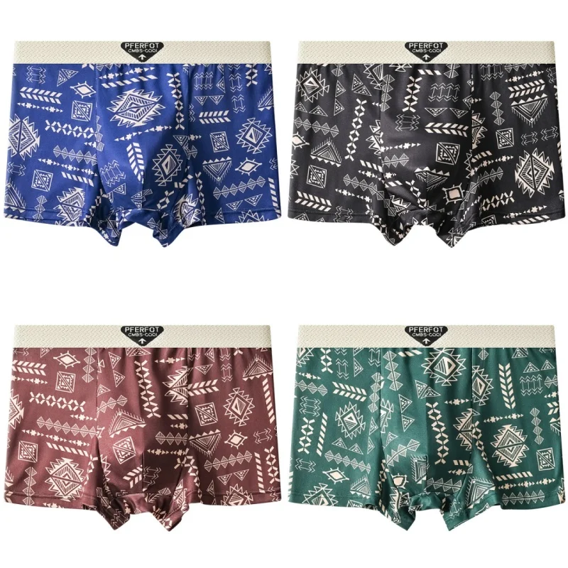 

4 шт. четырехцветные мужские трусы-боксеры с геометрическим узором и удобным поясом, мужские шорты-боксеры