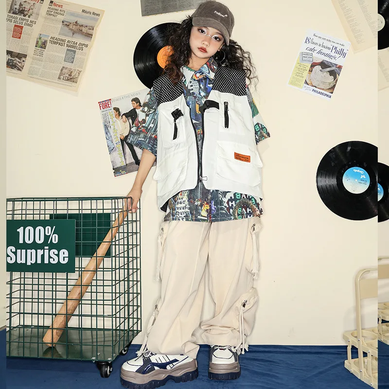 Hip Hop Dance Performance Must-Have Vintage Camisa, Calças e Colete Carga, Perfeito Jazz Bonito Menino e Menina Terno