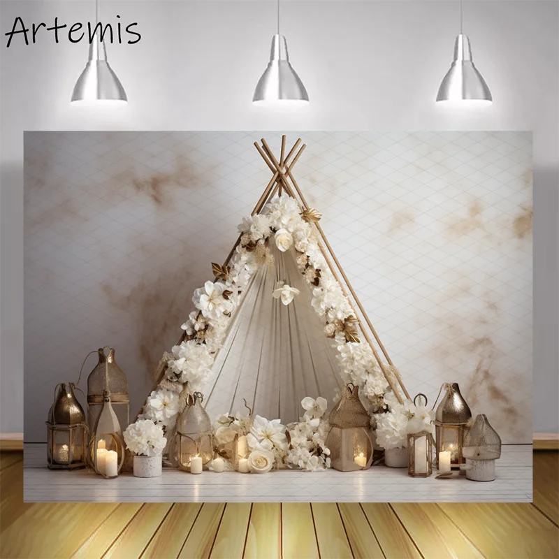 

Valentine's Day Backdrop Flowers Teepee Heart Decoration Light White Gold Children's Birthday Portrait Background Photo Studio