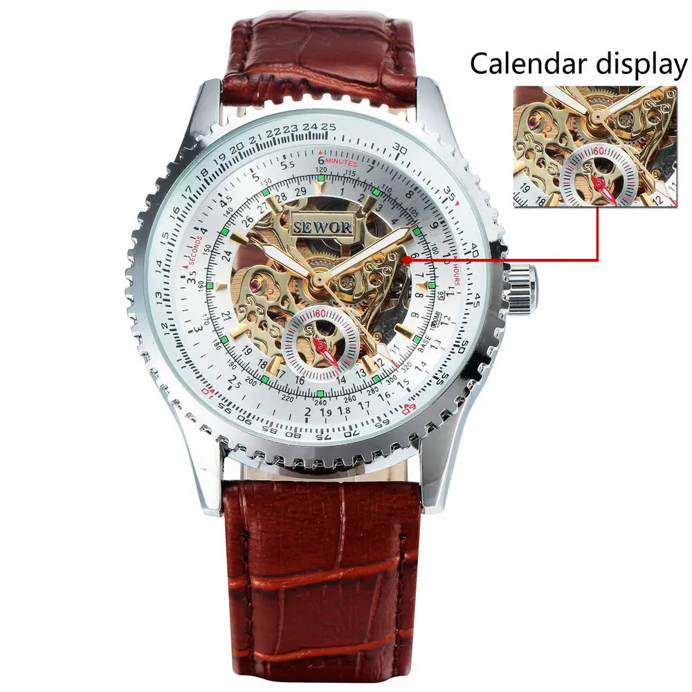 Sewor Skeleton Mechanical Automatic Self Wind Mens Fashion Gents Silver Case Watch Brown Leather Strap Analog Watch New Arrival