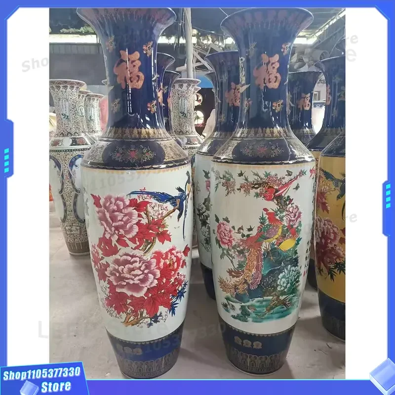 1m Tall Jingdezhen Ceramic Floor Vase Dark Blue Handmade Bird Flower Pattern Large Home Decor Piece for Living Room Interior