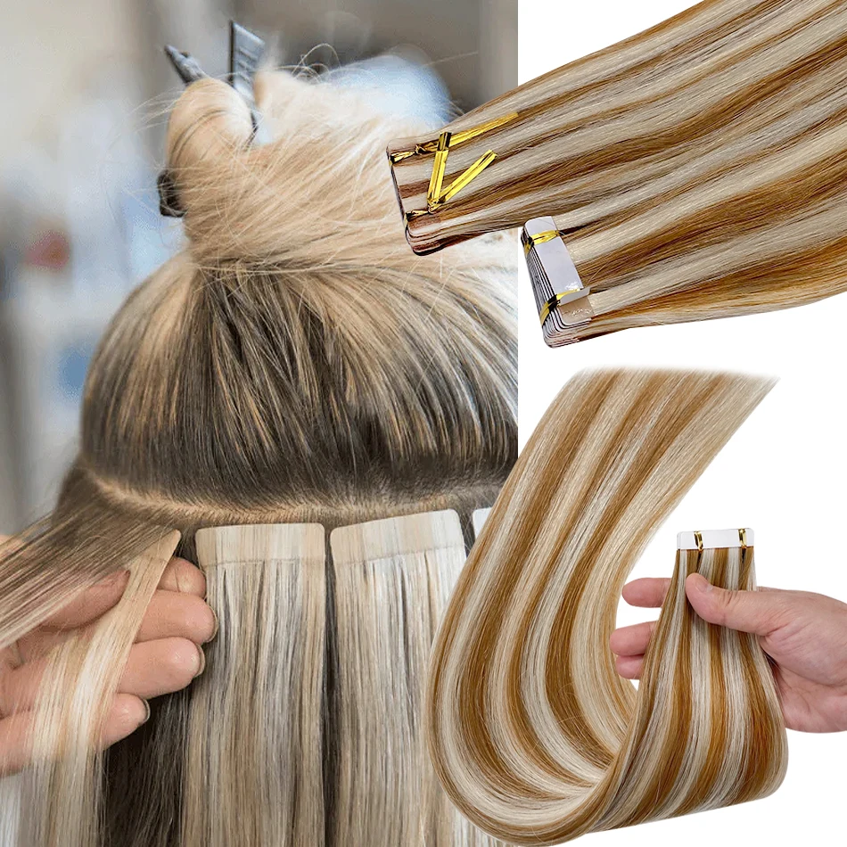 Straight Tape In Human Hair Extensions Natural Hair Extensions 100% Skin Weft Adhesive Glue On For Salon High Quality 18