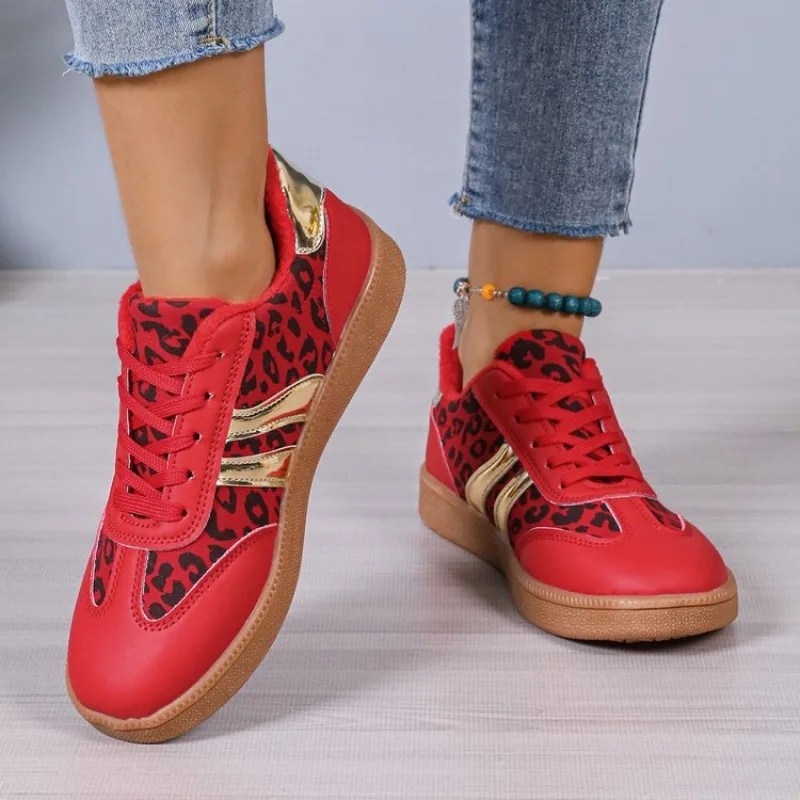 

Womens Red Leopard Print Sneakers Casual Lace Up Flat Shoes Vintage Gold Striped Walking Footwear Ladies Platform Tennis Shoes