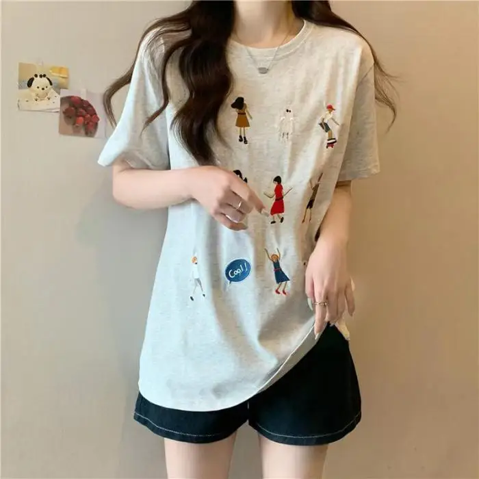 Summer Fashion Women T-Shirt Funny Cartoon Embroidery Tshirt Harajuku Casual Loose Pure Cotton Clothes T Shirt Female Streetwear