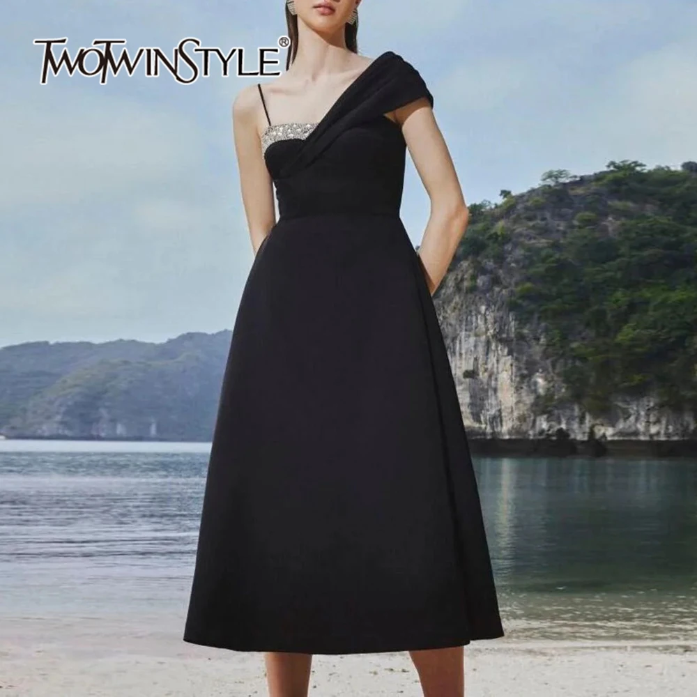 TWOTWINSTYLE Solid Formal Spliced Diamonds Dress For Women Diagonal Collar Sleeveless Tunic Elegant Dresses Female New KDR507449