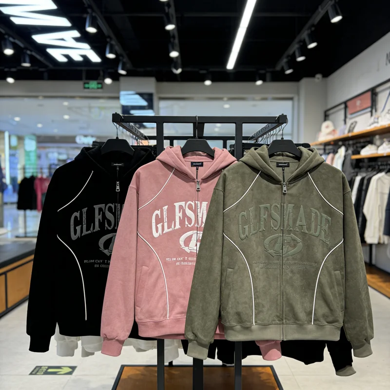 

Толстовка с принтом из искусственной замши и флиса, с двойной молнией, в полоску, повседневная, с капюшоном, для мужчин и женщин, зимняя, высокого качества, свободного кроя, пуловеры