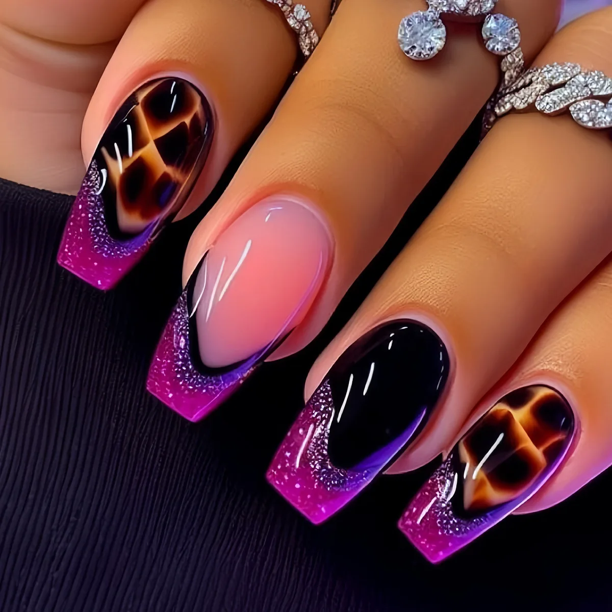 Mittellange künstliche Nägel für Frauen und Mädchen, Y2K-Farbverlauf in Lila, Grün, Gelb, Leopardenmuster, French-Ballet-Spitzen, Press-on-Nägel, Nagelkunst