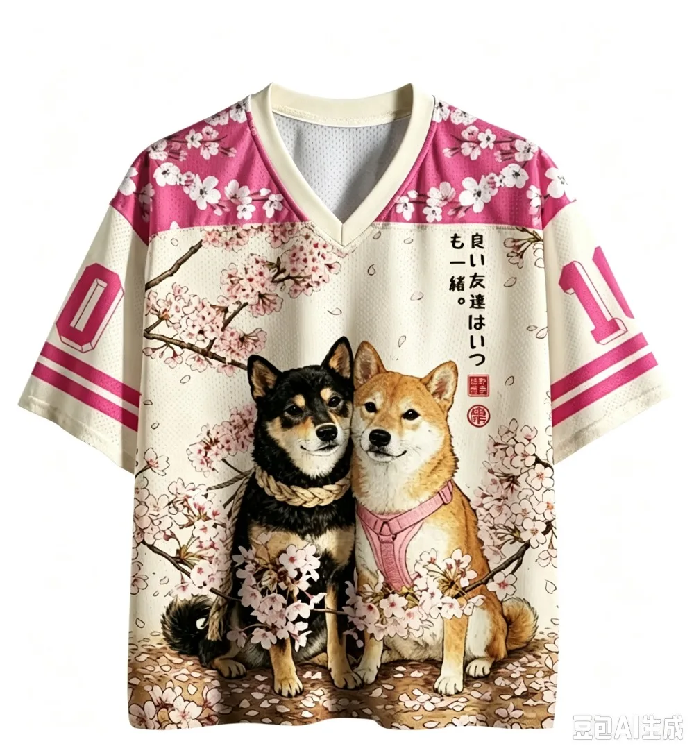 Double Shiba Inu Cherry Blossom Pattern Sports Quickdry Breath 3D Print Men V-Neck T-Shirt Street Fashion Y2K Parent-child Cloth