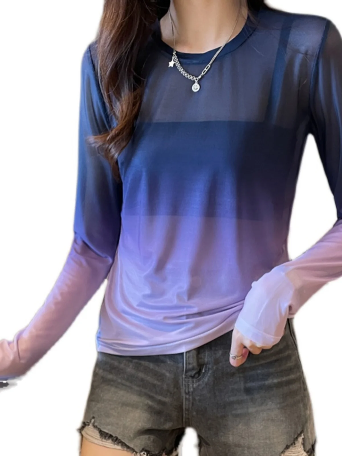 قميص نسائي بقاعدة شبكية من الحرير الجليدي تي شيرت نسائي ربيعي جديد متدرج اللون شبه شفاف بأكمام طويلة تي شيرت مثير ورقيق للحما...