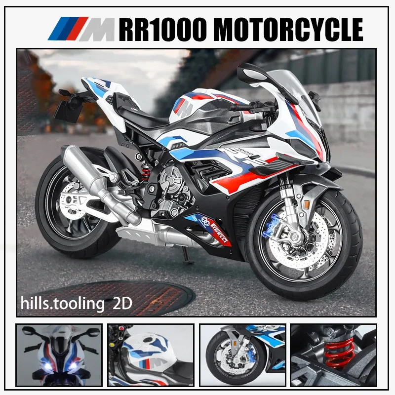 1:9 BMW RR1000 Alloy Die Cast Motorcycle Model Vehicle Collection Sound and Light Off Road Autocycle Toys Car Accessories