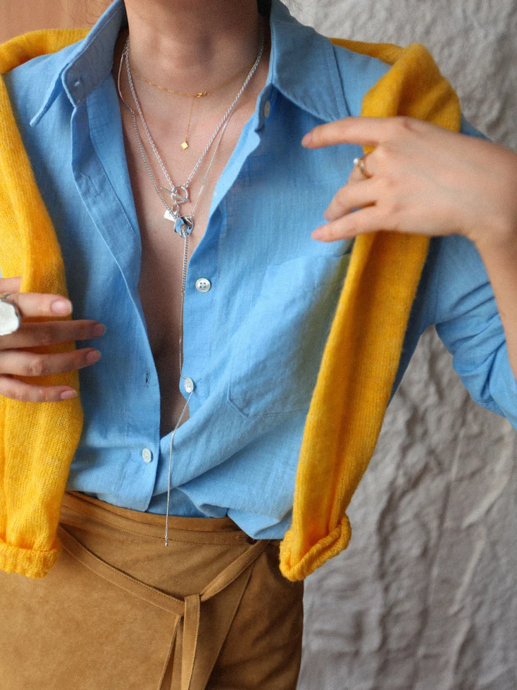 

Ast Editor Store Loose Fit Blue Cotton Linen irt Women's Lazy Sle Thin Sun Protection Top Summer Long Sve Button up