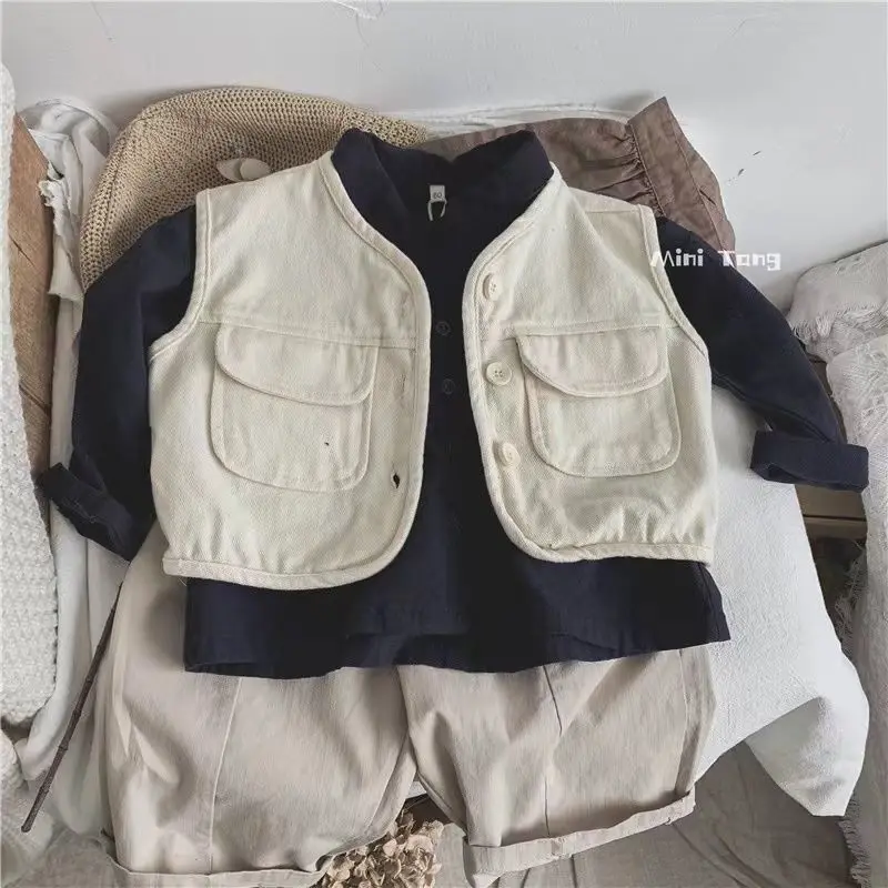 Children\'s shirt Japanese style retro bat sleeve lapel cotton and linen spring and autumn baby boy top boy outerwear shirt,W109