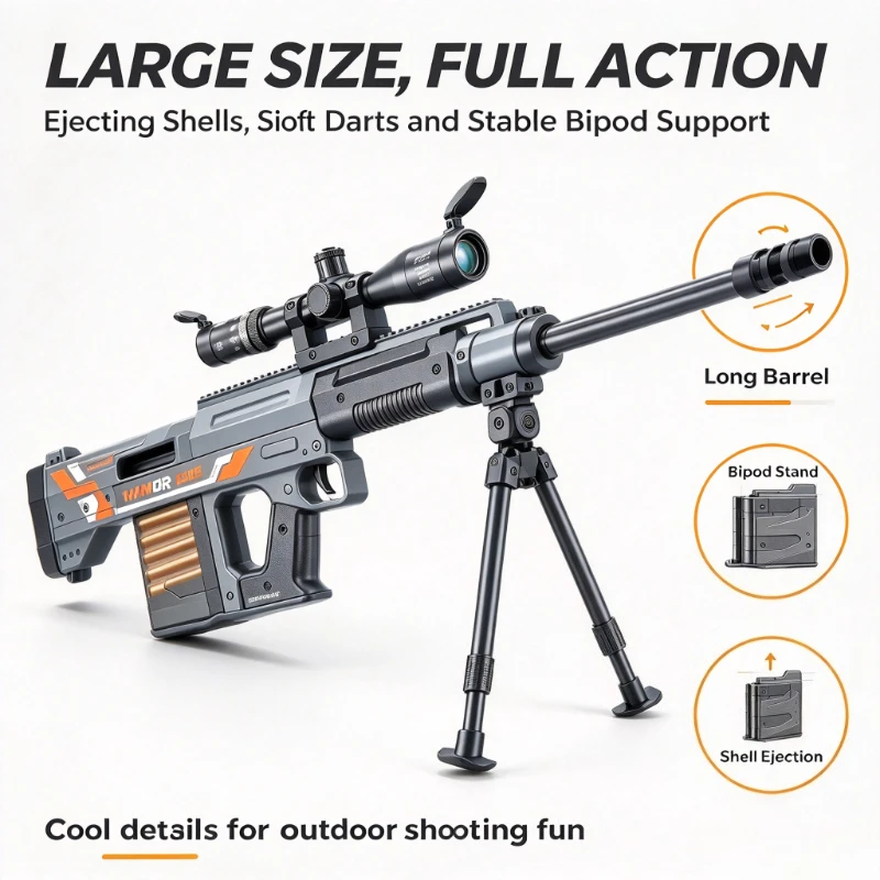 AMR Style Ejecting Soft Dart Toy Launcher, Large Size Model, Outdoor Shooting Game, Fun Gift for Boys