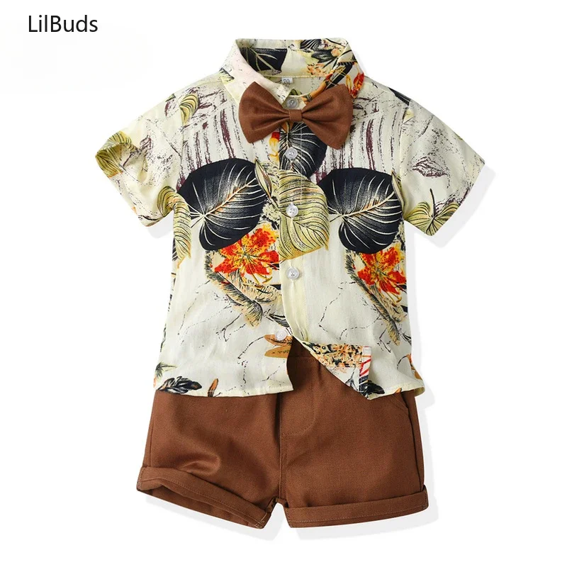 

2024 Children Hawaiian Style Short Sleeve Printed Shirts with Bowtie+shorts 2PCS Suit Toddler Boys Casual Clothing Sets Summer